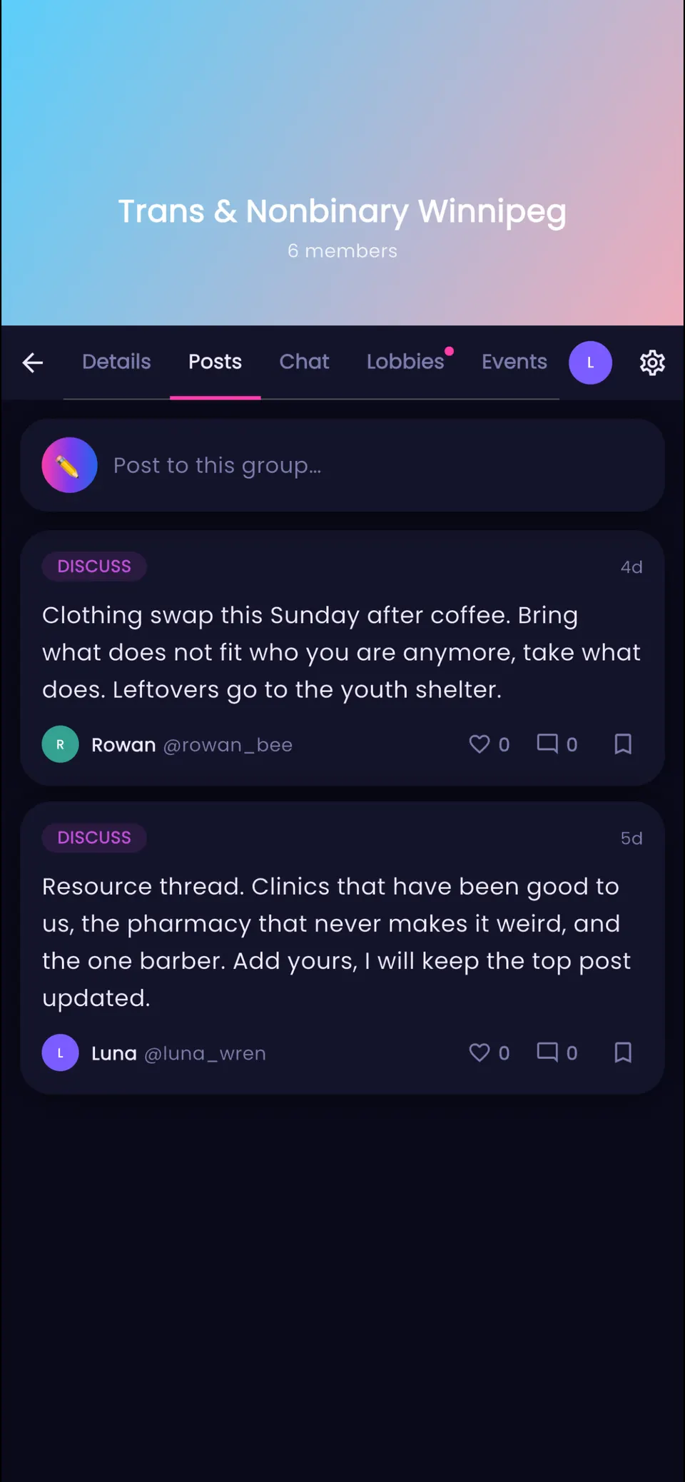 The Stargazers group, 8 members, open on its Posts tab: Luna’s thread for beginner telescope tips, and Theo’s long-exposure photos of last month’s new moon.